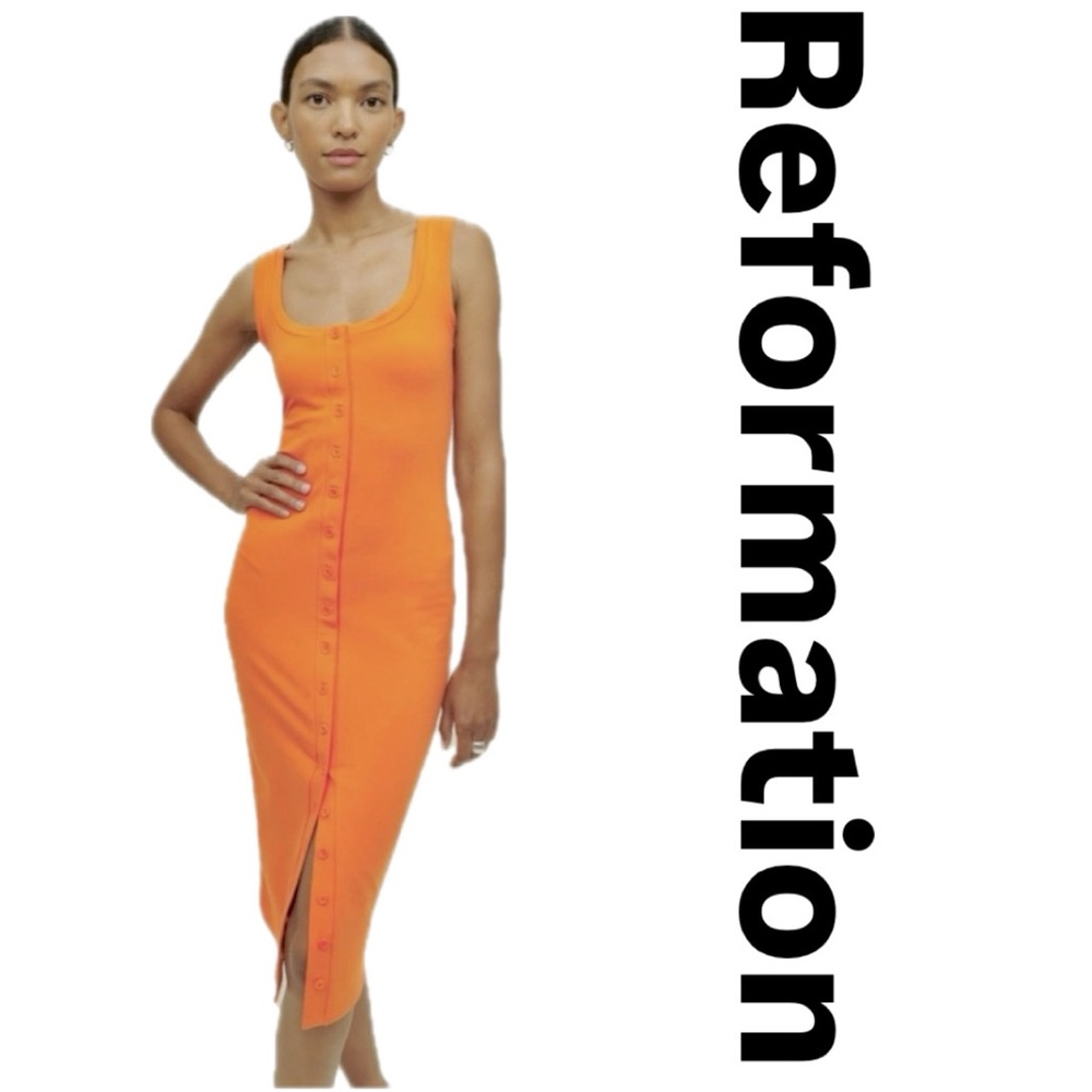 Reformation Dante Sleeveless Button-Front Tank Midi Dress in Bright Orange